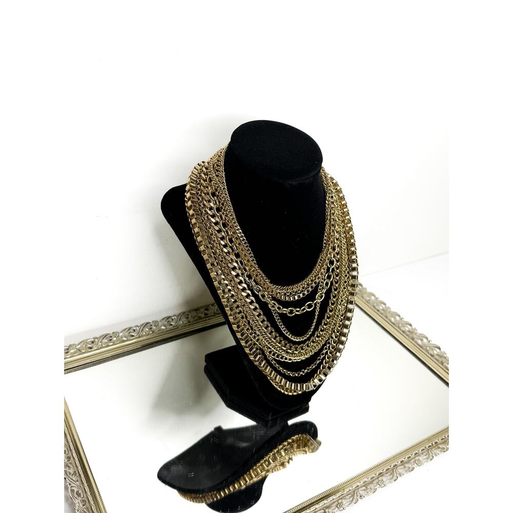 Unsigned Gold Tone Collar Bib Necklace Large Chain Link Multilayer